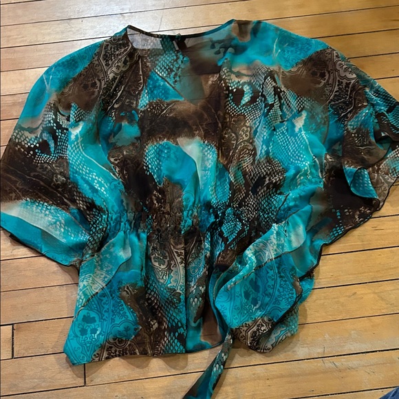 EUC Sere Nade Turquoise  and Brown Kimono Sheer Cardigan Women's Top - Picture 9 of 9